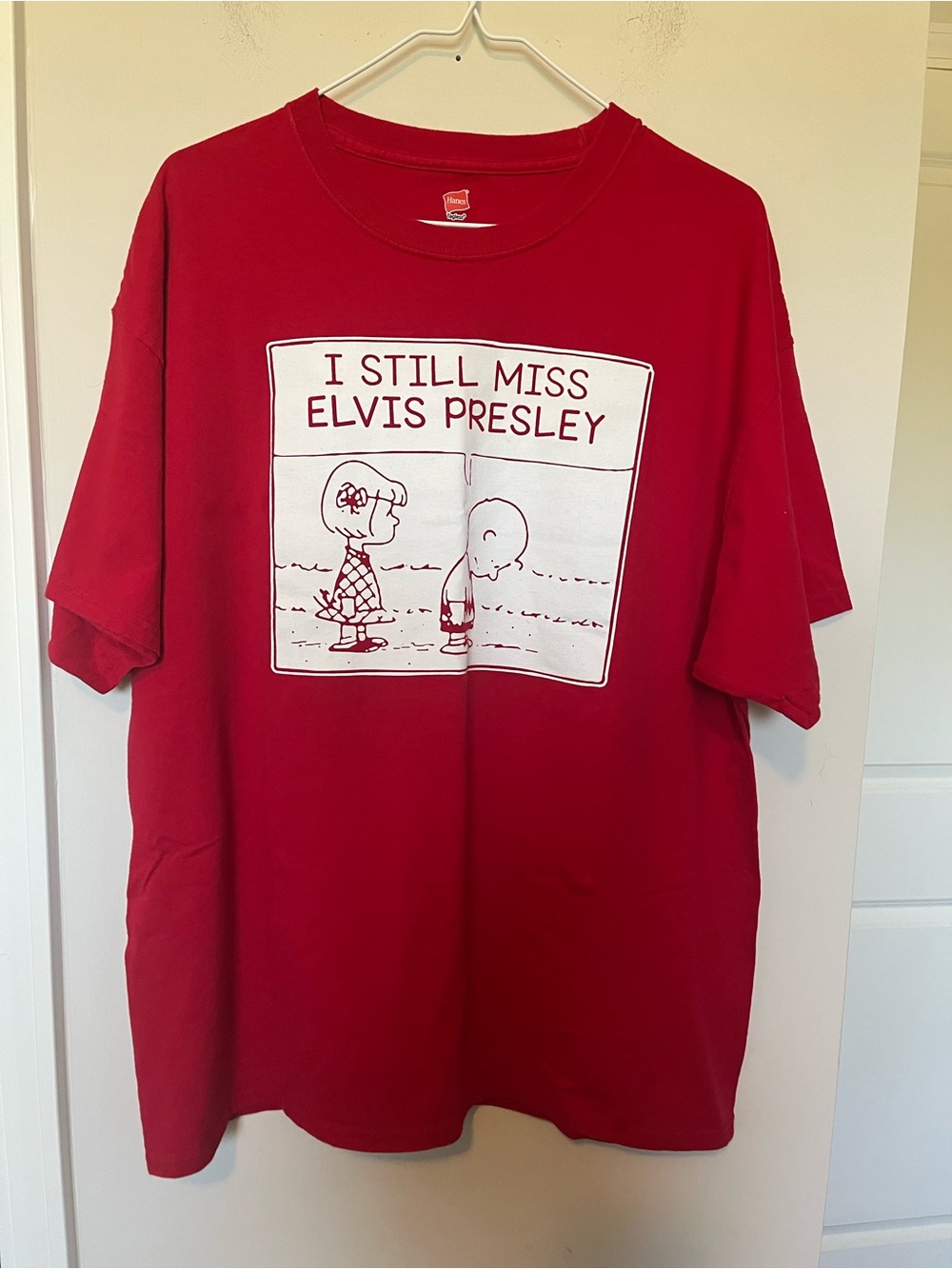 Hanes Red Short Sleeve Tee with White Elvis Comic Graphic